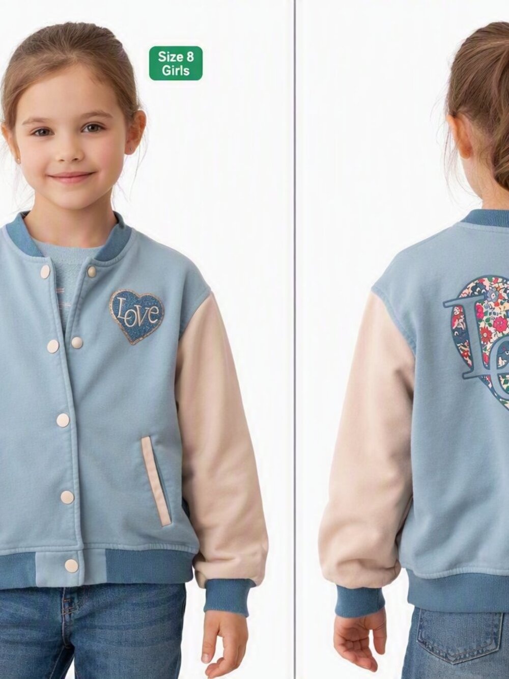Garanimals 365 Kids Girl's Blue & White with Heart Embroidered Bomber Jacket - 8